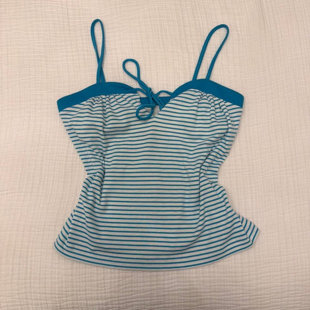 blue & white striped tie front cami top